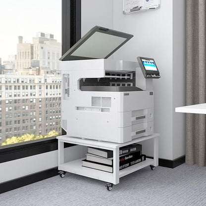 Natwind 2 Tier Laser Printer Stand,23.6''x23.6'' Large Printer Table,Copier Stand with Wheels, Heavy Duty Rolling Printer Cart with Paper Storage Shelf for Home Office (White)