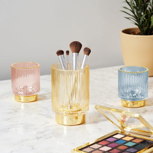 Makeup Brush holder Organizer, Crystal Glass Toothbrush Holders, Striped Make Up Brush Holder for Vanity, Pen Holder for Desk, Vase -Pink (S+L)