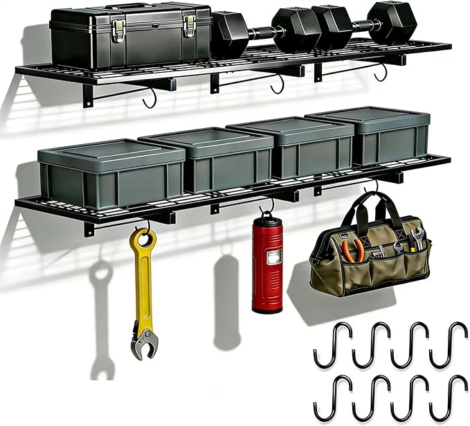 2 Pack Garage Wall Shelves, Heavy Duty Wall Mounted Shelving, 46”x12.5” Floating Shelf, 8 Hooks–Industrial Storage System with Reinforced Steel Powder-Coated Finish, 380lbs Capacity for Shop, Basement