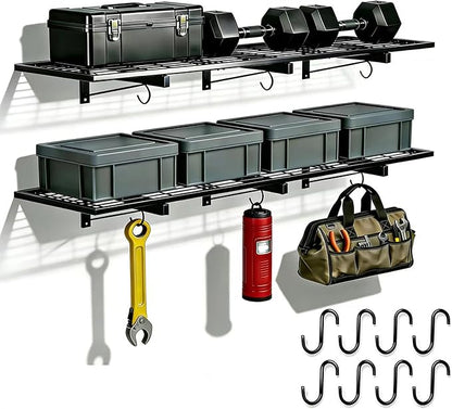 2 Pack Garage Wall Shelves, Heavy Duty Wall Mounted Shelving, 46”x12.5” Floating Shelf, 8 Hooks–Industrial Storage System with Reinforced Steel Powder-Coated Finish, 380lbs Capacity for Shop, Basement