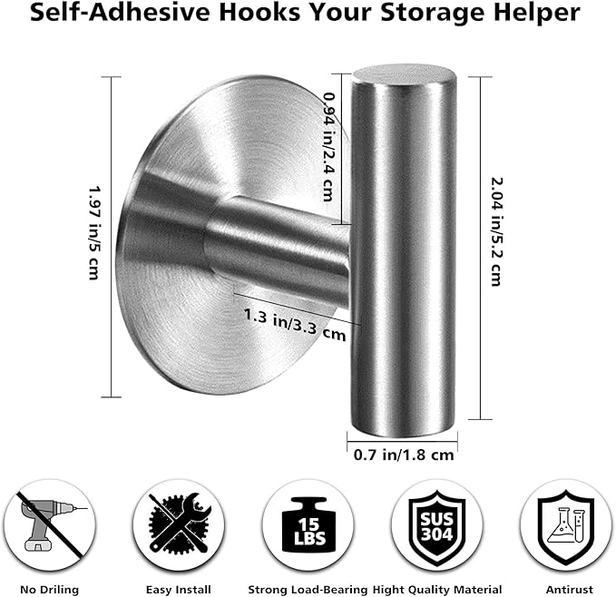 Adhesive Towel Hooks Heavy Duty Wall Hooks Stainless Steel Waterproof Shower Towel Hooks, Coat Hook for Hanging Clothes, Adhesive Hook for Bathroom, Glass Window, Kitchen- 2 Pack, Silver