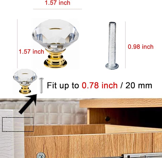 YourGift 12 Pack Drawer Knobs Diamond Shaped Crystal Glass 40mm Cabinet Knobs Pull Handles (40 mm, 12 Pack, Gold)