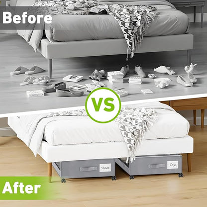 Under Bed Storage with Wheels, 4-Pack Underbed Storage Containers with Clear Lids, Under Bed Shoe Storage Organizer, Rolling Under Bed Storage for Clothes Shoes Blankets (Grey)