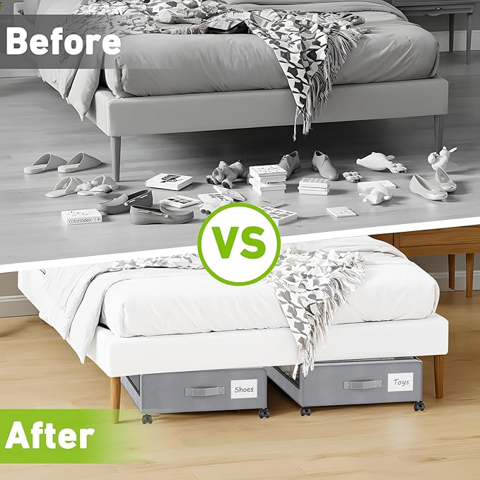 Under Bed Storage with Wheels, 2-Pack Underbed Storage Containers with Clear Lids, Under Bed Shoe Storage Organizer Bins, Rolling Under Bed Storage for Clothes Shoes Blankets (Grey)