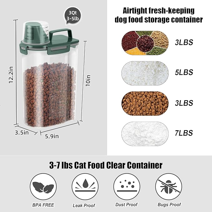 3-5Lbs Airtight Small Cat Dog Pet Food Storage Containers BPA Free, with Large Pour Spout/1 Measuring Cup/ 4 Safety Locks and Double-layer Silicone Strip (Dark Green2Pack)