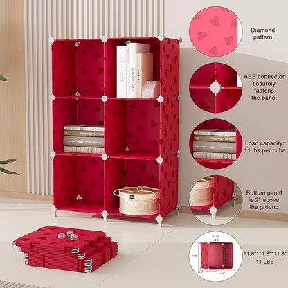UNKU Cube Storage Organizer, 6 Cube Closet Organizer Storage Shelves, DIY Stackable Bookcase, Clothes Organizer Shelf for Closet, Bedroom, Living Room, Cabinet, Home, Office, Red