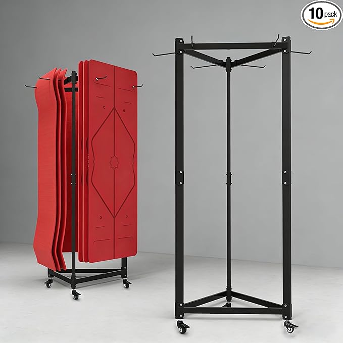 YTLEMON Yoga Mat Holder Hanging, Floor Rolling Yoga Mat cart, Large Capacity Storage Rack, with Includes Hole Punch, Metal Square Tube Storage Shelf for Home Gym,Fitness Club,Yoga Studio (Black B)