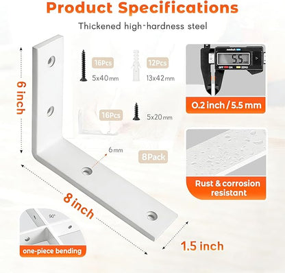 WINKER Shelf Bracket 8 Pack 8" Lx8 Hx1.5 W 5mm Thick Heavy Duty White 8 Inch Metal Iron L Brackets for Wall Shelves