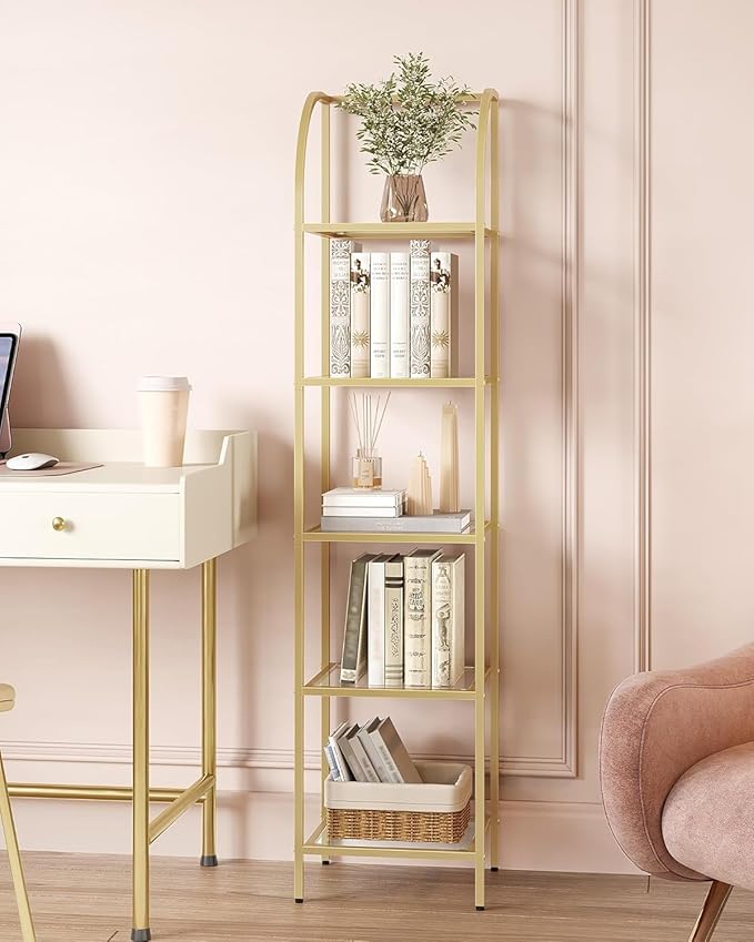 Bookcase Bookshelf, Tempered Glass Arched Bookshelf for More Storage, Slim Shelving Unit for Bedroom, Bathroom, Home Office, Steel Frame, 5 Tier Gold BC20599G