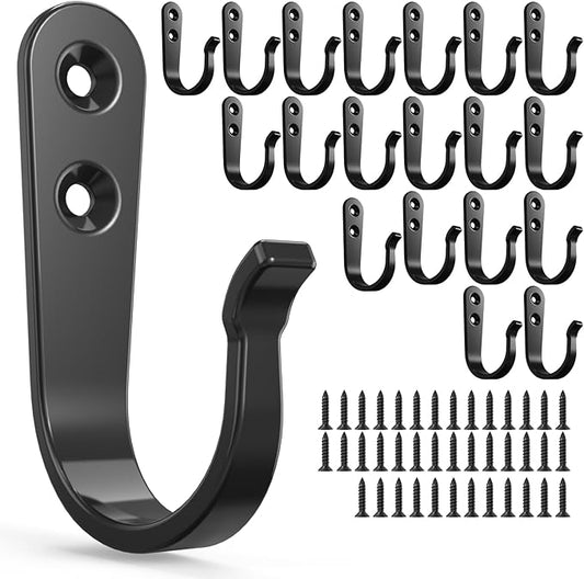 20-Pack Towel Hooks for Bathroom, Heavy Duty Black Metal Wall Hooks for Robe, Coat, Kitchen, Closet, Garage Organizer