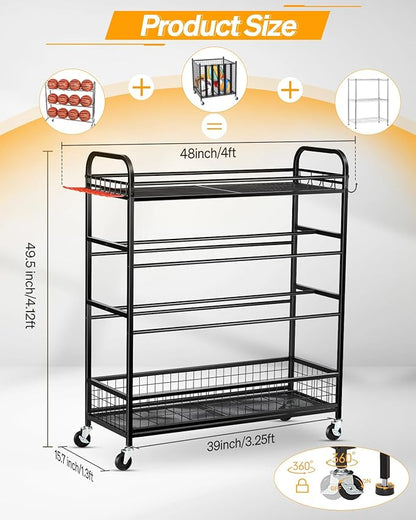 Garage Sports Equipment Organizer - Rolling Ball Storage Bin with Wheels, Garage Sports Gear Rack Outdoor Basketball Racks for Balls with Baseball Bat Holder and Hooks, Toy Organizer