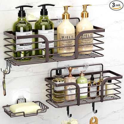 Yougai Shower Caddy, Shower Organizer with Soap Holder and Hooks, Rustproof Shower Shelves, No Drilling Bathroom Organizers and Storage, Wall-Mounted Kitchen & Home Decor (Brown)