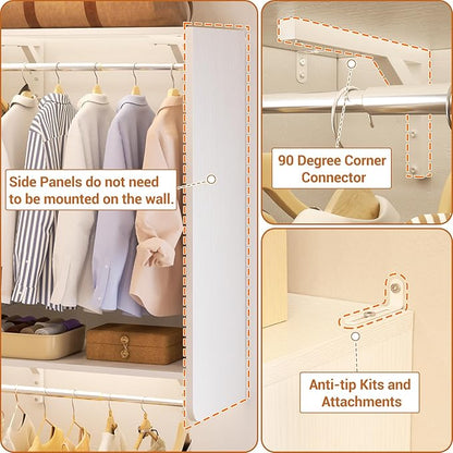 Closet System with 2 Drawers, 5 Hanging Robs, 4 Adjustable Shelves, 90.5"*31.5" Closet Organizer System with Corner Tower, L-shape Walk-in Closet System, Corner Closet System Set of 2, White