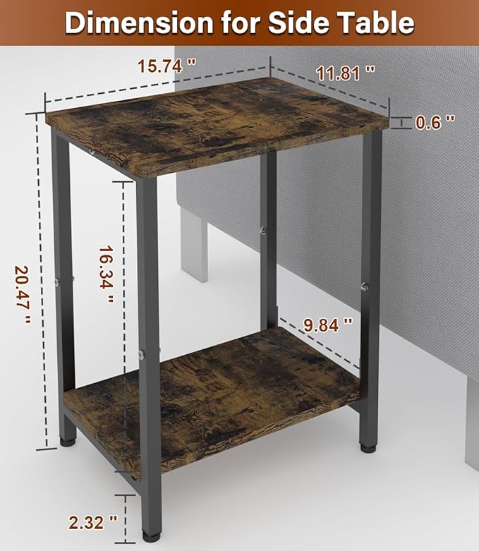 2 Tier Side Table, Heavy Duty End Table with Shelves, Narrow nightstand Table for Small Spaces, Record Player Table for Bedroom, Living Room, Sofa Couch - Rustic Brown & Black