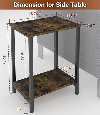 2 Tier Side Table, Heavy Duty End Table with Shelves, Narrow nightstand Table for Small Spaces, Record Player Table for Bedroom, Living Room, Sofa Couch - Rustic Brown & Black