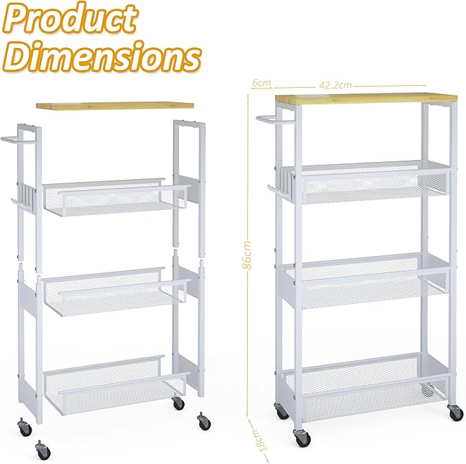 Slim Storage Cart on Wheels, 4 Tier Metal Narrow Rolling Cart with Handle and Wood Top, Multifunctional Small Mobile Shelf Unit Organizer Trolley for Laundry, Bathroom, Kitchen
