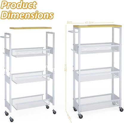 Slim Storage Cart on Wheels, 4 Tier Metal Narrow Rolling Cart with Handle and Wood Top, Multifunctional Small Mobile Shelf Unit Organizer Trolley for Laundry, Bathroom, Kitchen