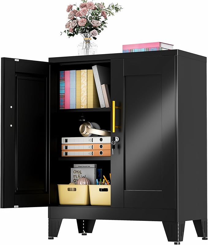 36" Tall Metal Storage Cabinet with Lock, Locking Cabinet with 2 Doors and 2 Adjustable Shelves, Black Bathroom Floor Cabinets, Freestanding Locked File Cabinets for Home/Office/Garage