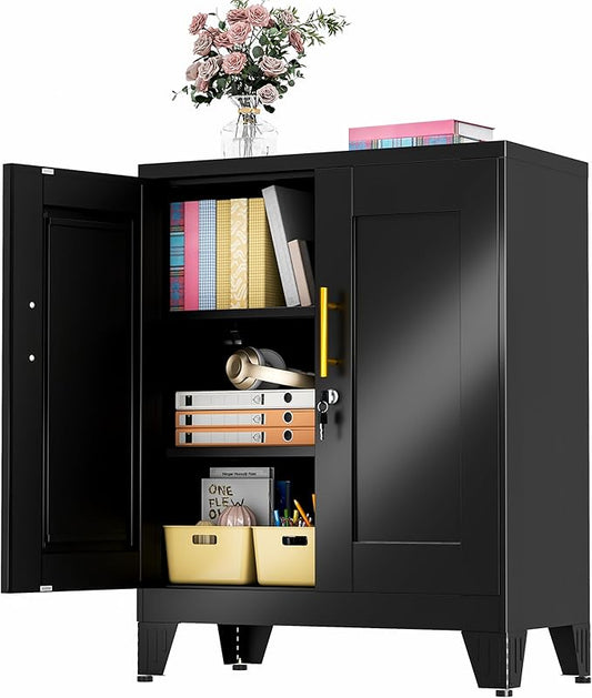 36" Tall Metal Storage Cabinet with Lock, Locking Cabinet with 2 Doors and 2 Adjustable Shelves, Black Bathroom Floor Cabinets, Freestanding Locked File Cabinets for Home/Office/Garage