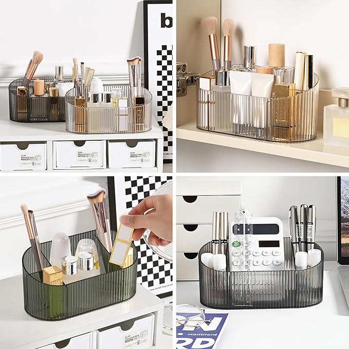 DASITON Large Capacity Makeup Brush Holder,5 Slot Makeup Brush Holder,Vintage striped Make Up Brush Holder,for Vanity Decor,Bathroom Countertops,Desk Storage Container,Cosmetic Display cases(Clear)
