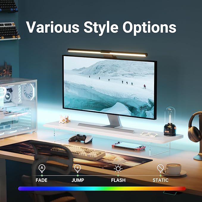 Monitor Stand Riser,31.5-Inch LED Light Wood Computer Monitor Stand with Adjustable Acrylic Legs,Desk Accessories Desktop Organizer Stand for, Computer,Laptop,Printer,PC TV Screen Riser,White