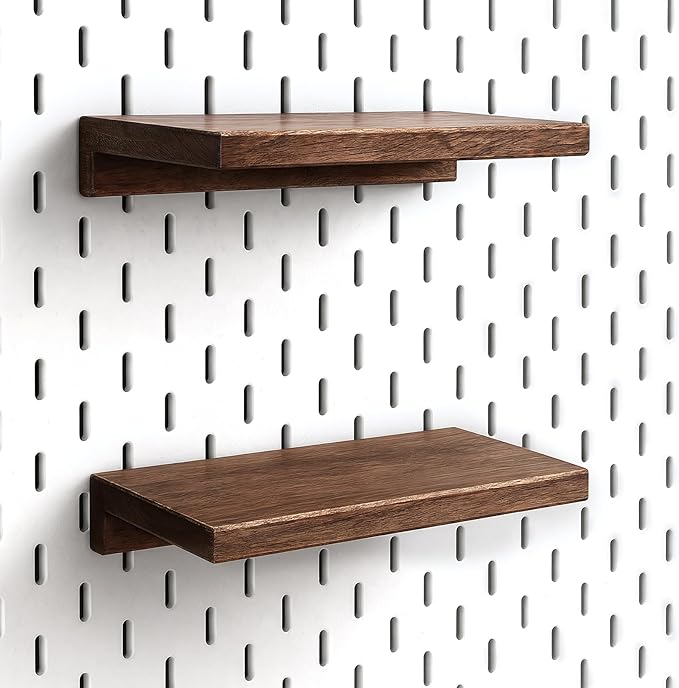 2-Pack Medium Wooden Pegboard Shelves - 8''x4'' Compatible with IKEA Skadis Pegboard, Walnut Stain Wall Shelves