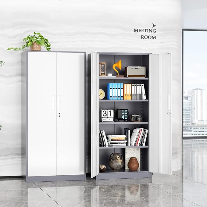 INTERGREAT Metal Storage Cabinet, 72" Locking Steel Cabinets with 2 Door and 4 Adjustable Shelves, Tall Metal Cabinet for Home Office, Garage, Warehouse,(New Grey)