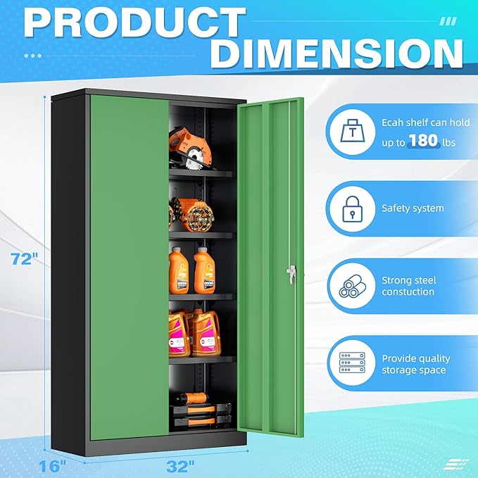 Bonusall Mental Garage Cabinets with 2 Doors and 4 Shelves, Locking Cabinet with for Tool，Steel Garage Storage Cabinets for Home Office, Warehouse，School(Black Green)