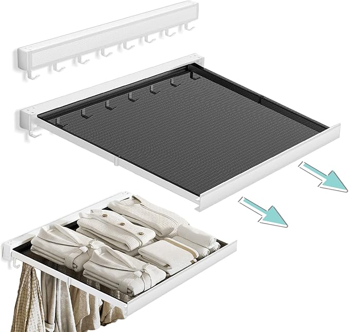 LETINE Wall Mounted Drying Rack: Retractable Indoor Clothes Drying Rack – Aluminum Alloy Frame w/Soft Mesh Surface. Laundry Rack & Temp Shelf for Balcony, Bathroom, Kitchen. with 6 Hooks (White, M)
