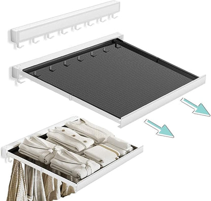 LETINE Wall Mounted Drying Rack: Retractable Indoor Clothes Drying Rack – Aluminum Alloy Frame w/Soft Mesh Surface. Laundry Rack & Temp Shelf for Balcony, Bathroom, Kitchen. with 6 Hooks (White, M)