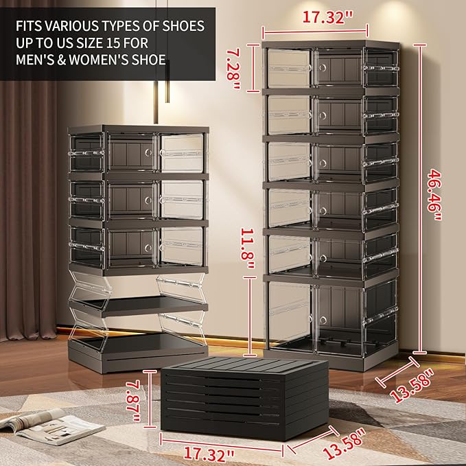 6-Tier Collapsible Shoe Storage Rack - Large Plastic Shoe Organizer with Doors, Quick Assembly, Black