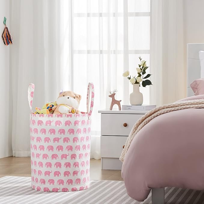 Large Storage Basket for Girls and Boys, Collapsible Laundry Hamper with Long Handles, Toy Bins for Nursery, Kids Room Décor Pink Elephant