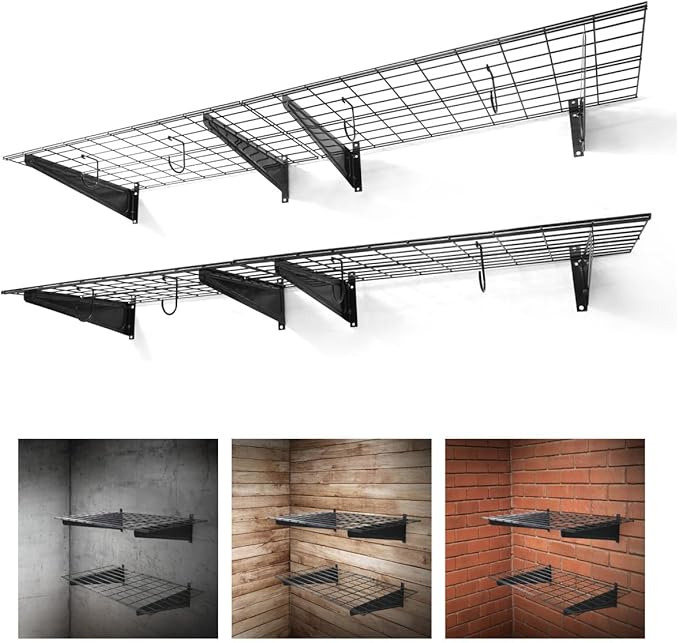 Fencer Wall Mounted Garage Shelving - 72" W x 18" D, 4 Hooks, Black, Heavy Duty, 1000lb Capacity