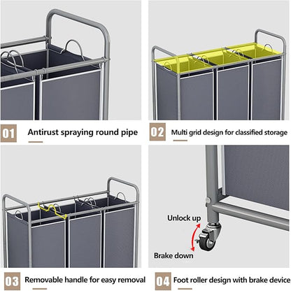 LINZINAR 3-Bag Laundry Sorter,Laundry Hamper Cart with Heavy Duty Rolling Lockable Wheels and Removable Bags (Grey)
