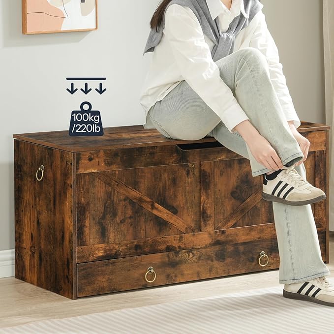 HOOBRO Storage Chest, 43.3" Toy Chest with Drawer, Wooden Storage Bench, Sturdy Entryway Bench Supports 220 lb, Shoe Bench, Safety Hinge, U-Shaped Opening, Easy Assembly, Rustic Brown FG711CW01G1