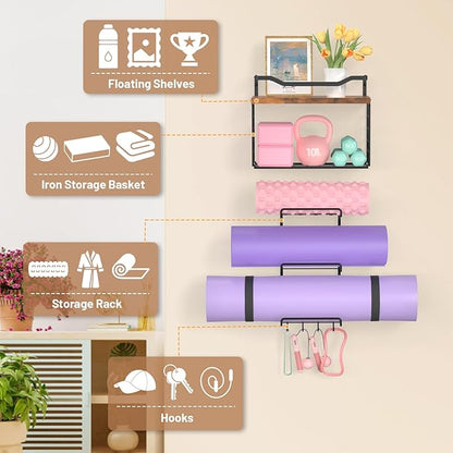 Yoga Mat Holder Wall Mount, Yoga Accessory Mats Storage Rack , Home Gym Accessories Organizer Storage With Wood Floating Shelves, Storage Basket and 4 Hook For Hanging Yoga Strap & Resistance Bands