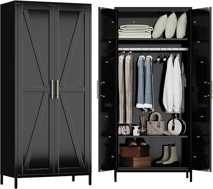 Aobabo 2 Door Metal Wardrobe Cabinet with Hanging Rod, Metal Wardrobe Closet with 2 Adjustable Shelves, Storage Lockers for Home,Office,Installation Required, Black