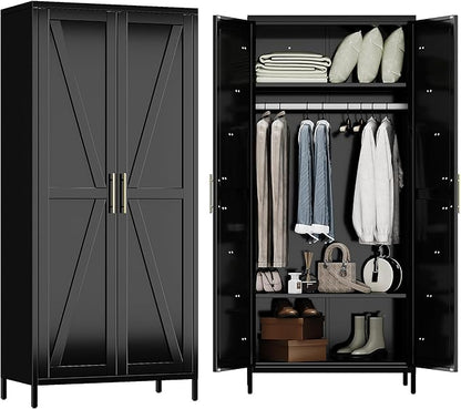 Aobabo 2 Door Metal Wardrobe Cabinet with Hanging Rod, Metal Wardrobe Closet with 2 Adjustable Shelves, Storage Lockers for Home,Office,Installation Required, Black