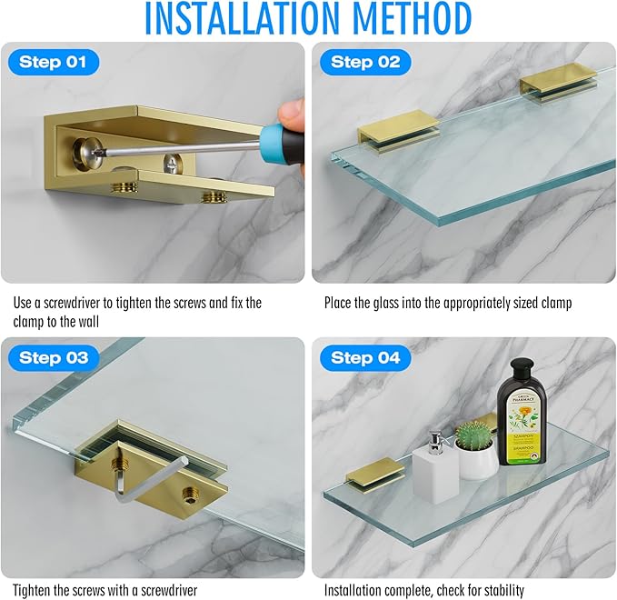 Ranbo 2 Pcs Frameless Glass Clamp Brackets for Shelf and Shower, Heavy Duty Wall Mount Rectangular Holders for 1/4" to 1/2" Panels, Matte Gold Finish Hardware