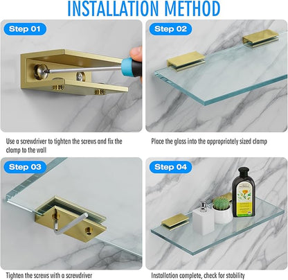 Ranbo 2 Pcs Frameless Glass Clamp Brackets for Shelf and Shower, Heavy Duty Wall Mount Rectangular Holders for 1/4" to 1/2" Panels, Matte Gold Finish Hardware