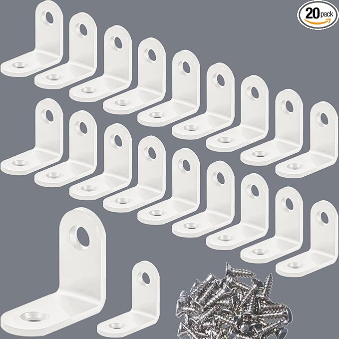 20 PCS Small White L Bracket - 1.2x1.2 Inch Stainless Steel Corner Braces for Wood Furniture, Cabinet Chair & Drawer, Durable Right Angle Shelf Bracket (Includes Screws)