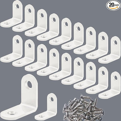 20 PCS Small White L Bracket - 1.2x1.2 Inch Stainless Steel Corner Braces for Wood Furniture, Cabinet Chair & Drawer, Durable Right Angle Shelf Bracket (Includes Screws)