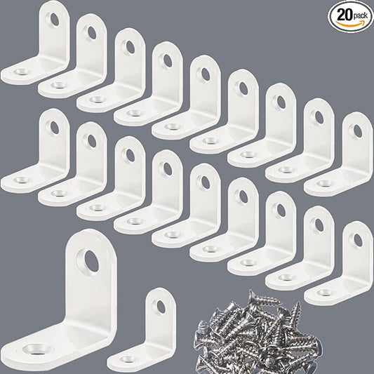 20 PCS Small White L Bracket - 1.2x1.2 Inch Stainless Steel Corner Braces for Wood Furniture, Cabinet Chair & Drawer, Durable Right Angle Shelf Bracket (Includes Screws)