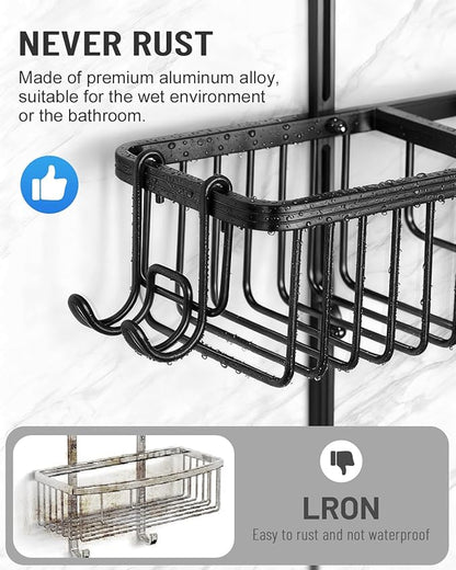 Adjustable Shower Caddy Hanging for Handheld Showerheads - Never Rust Shower Hanging Organizer, Upgraded Bathroom Shower Rack with Soap Basket, Hooks and Toothbrush Holder (Black)