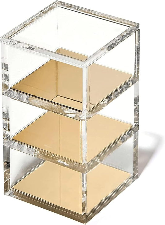 OfficeGoods 3-Tier Stackable Acrylic Holder- Stylish Desk Organizer and Storage for Office or Home – Transparent Square Design with Gold Metal Base