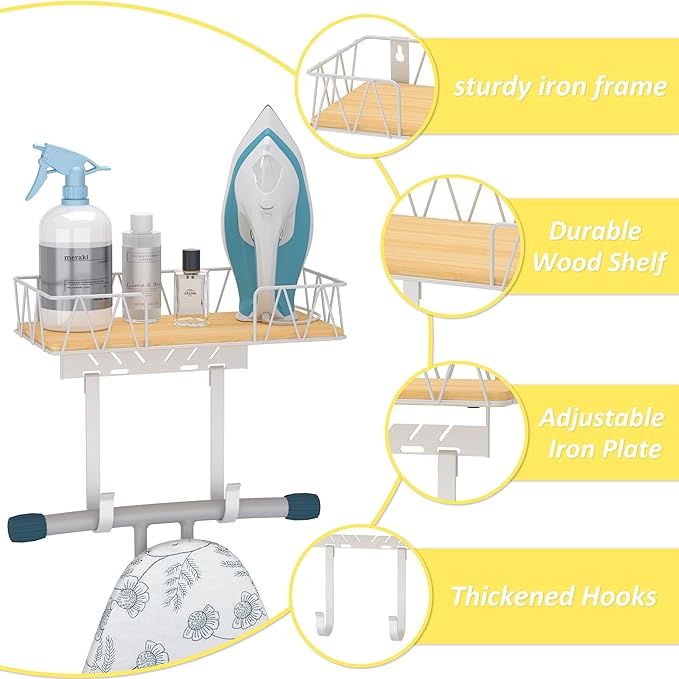 Ironing Board Hanger with Removable Hooks, Ironing Board Holder Wall Mounted for T/Y Leg, Space Saving Iron Holder for Laundry Room Storage and Organization, White