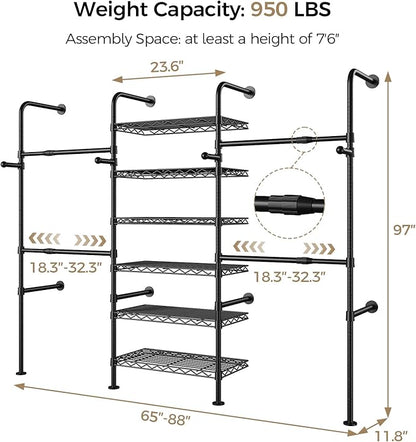 Closet Organizers and Storage, 3-Row Heavy Duty Garment Rack Clothes Rack for Hanging Clothes, Wall Mounted Closet System with 4 Telescopic Rods, 4 Hooks, 6 Shelves for Wardrobe, Bedroom, Small Space