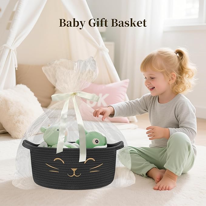 Large Cat Toy Basket - Gift Baskets Empty for Baby Shower Baby Baskets for Nursery Cute Woven Rope Storage Basket for Home Décor , Dog Toy Basket Black Boo Easter basket, 13" D x 6" H