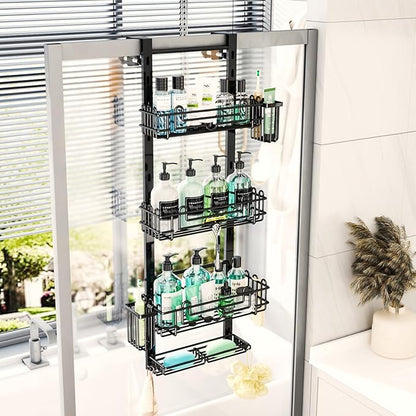 HapiRm 4 Tier Over the Door Shower Caddy, Hanging Shower Caddy with 22 Hooks and 2 Toothbrush Holders, No Drilling Adjustable Hanging Bathroom Organizer - Black