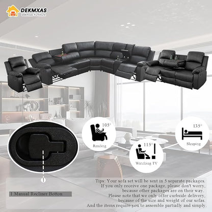5 Pieces Living Room Furniture Sets, Reclining Sectional Sofa Set with Reclining Sofa and Chair, Black Leather Sectional Manual Recliner Couch with Drop-Down Table,Cup Holders,Storage Console